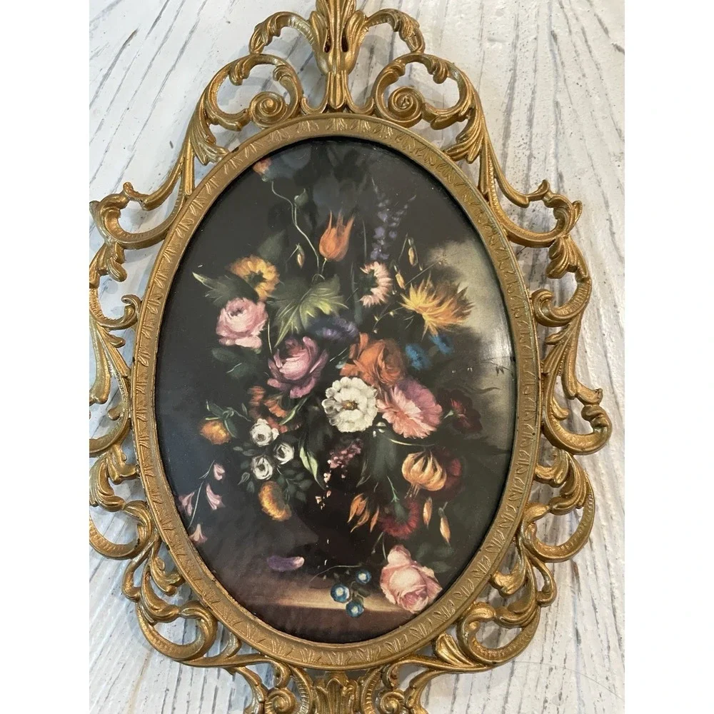 Pair (2) ‎ Vtg Italian Floral Print Ornate Brass Frame Convex Bubble Glass Italy